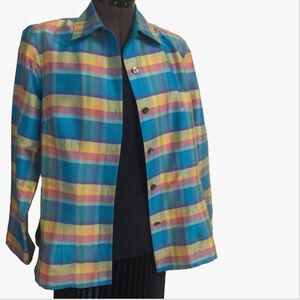 NINA MCLEMORE Silk Dupioni Cara Shirt, Multicolor Block Plaid